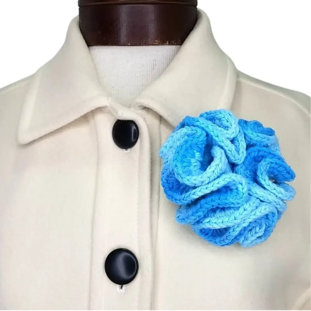 Handmade Chunky Crochet Brooch Hyperbolic Ruffle Ombre Flower Pin Sky Blue Large